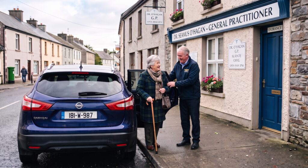Companion driver supporting older woman.