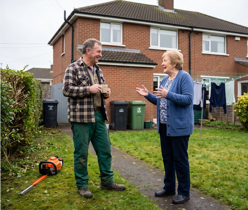 A gardener talking with an older woman.