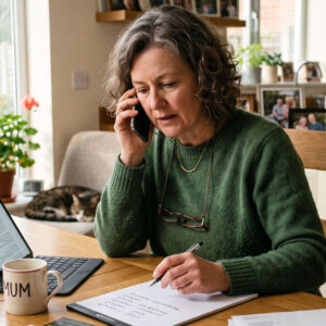 A woman making calls.