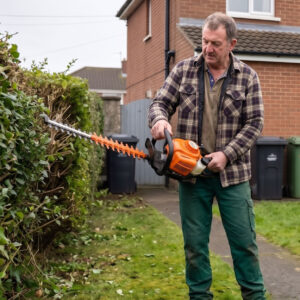 Gardener trimming hedge.
